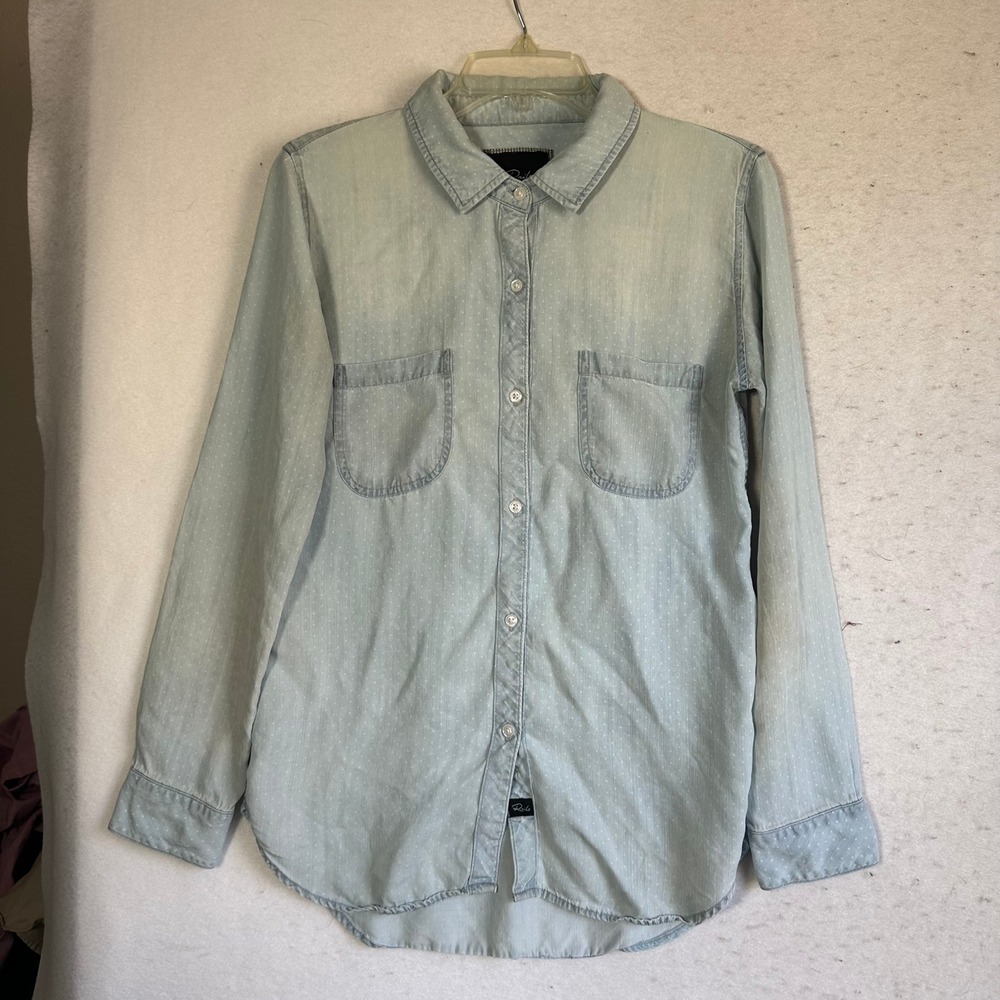 Rails Womens Light Wash Polka Dot Denim Button Down Shirt Small Blue Pockets